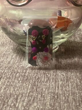 Hand Crafted Floral Pink & Purple Rose Stud and Drop Earring Set